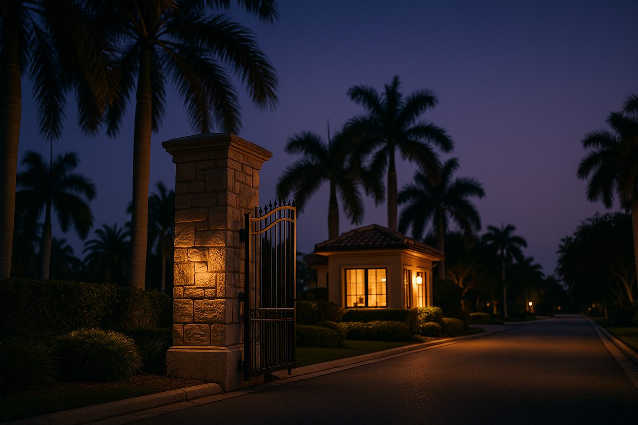 Delray Beach gatehouse at dusk - Premier Locksmith service coverage